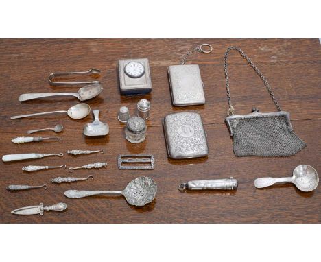 A selection of silver items. To include cigarette cases, spoons, button hooks, etc, gross weight of solid HMS items 9.99ozt.