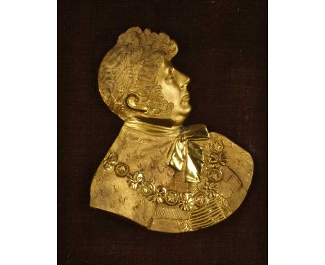 A 19th century gilt metal profile portrait plaque of George IV. A 19th century gilt metal profile portrait plaque of George I