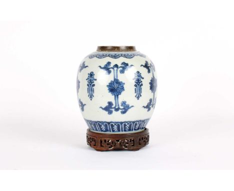 A Chinese Kangxi Period Blue and White Ginger Jar A Chinese Kangxi Period Blue and White Ginger Jar, the shoulders with ruyi 