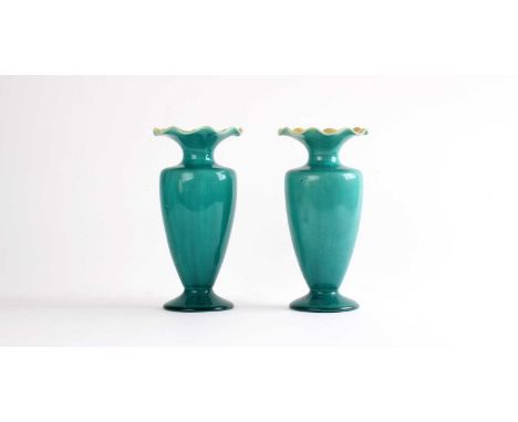 Linthorpe Art Pottery, Middlesborough Pair of Turquoise Glazed Vases Circa 1880-90, shape 1767, baluster form with crimped ri