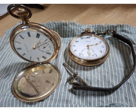 Antique gold plated hunter, the enamel face marked Elgin together with a gold plated antique eclipse pocket watch with leathe