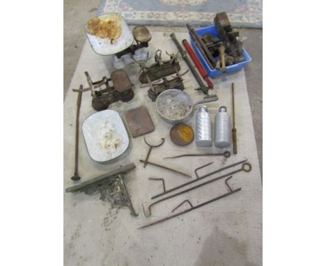 Mixed metalware including vintage kitchen scales and tools etc 