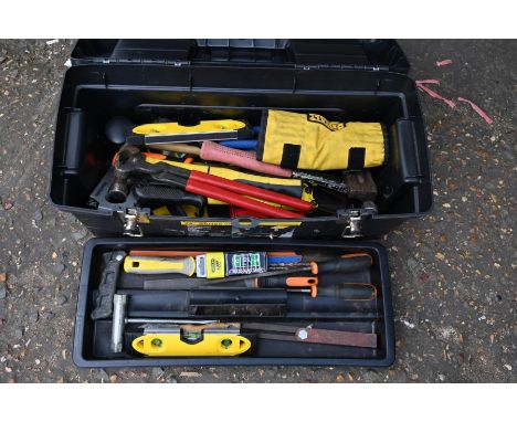 Toolbox with tools including hammer and spirit level etc 