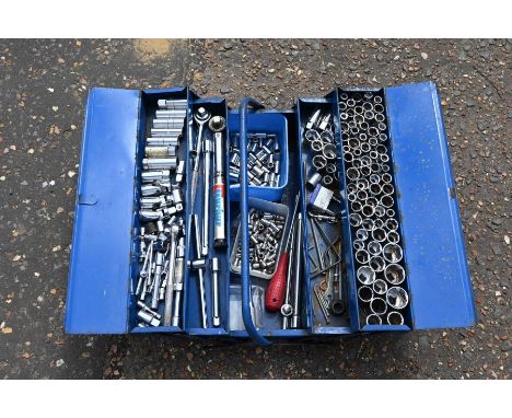 Metal toolbox full of tools including socket sets 