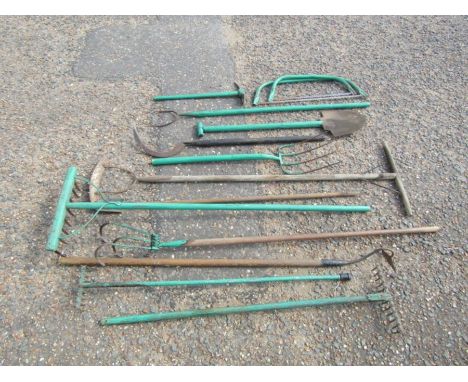 Garden tools including rakes and forks etc 