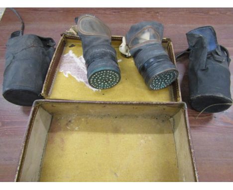2 WW2 era gas masks in vintage suitcse
