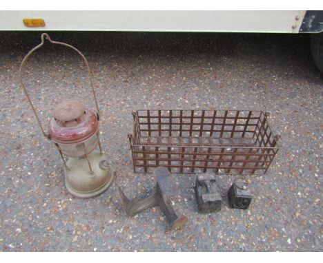 Vintage Tilley lamp, metal basket and weights etc