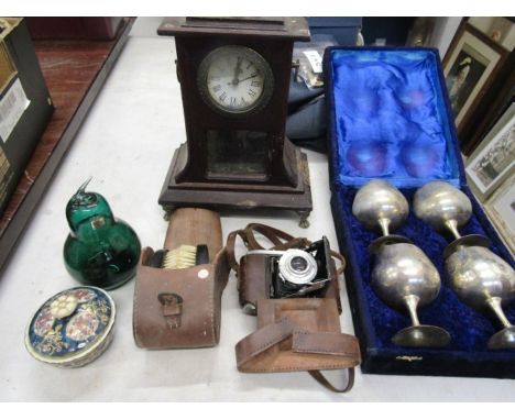 Goblets, vintage camera, clock, light, oil lamp shade, etc