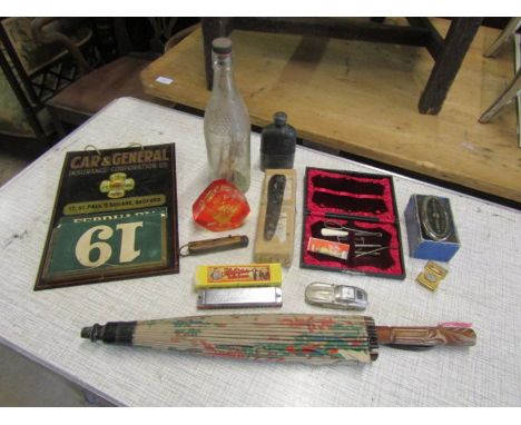 Collectors lot including harmonica, flint chisel and Lloyd's money bank etc 