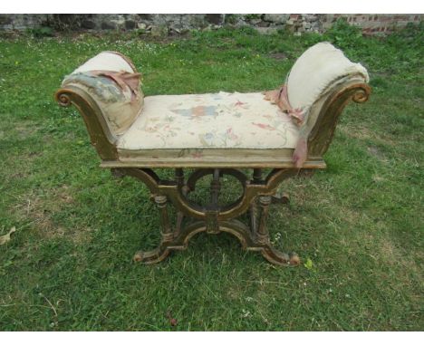 Small window bench with painted frame in need of repair and re-upholstering 