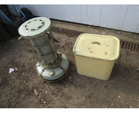 Vintage greenhouse heater and enamel breadbin 