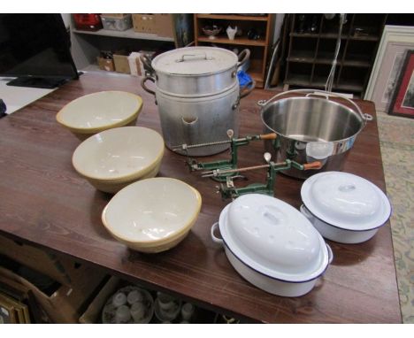 Kitchenalia including vintage T.G Green ceramic mixing bowls and enamelware etc