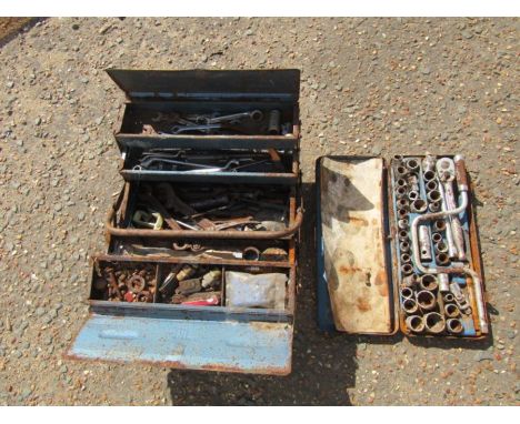 Metal tool box with tools and socket set 
