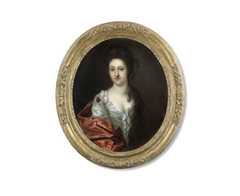 Circle of Sir Godfrey Kneller (Lübeck 1646-1723 London)Portrait of Mrs Tolen, bust-length, in white and redoil on canvas, ova