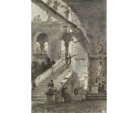 Victor Jean Nicolle (Paris 1754-1826)Figures by a staircase leading to an arcade pen, brown ink and grey wash on laid paper18