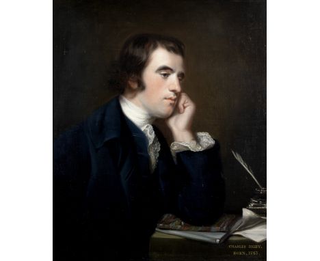 Circle of Francis Cotes (London 1726-1770)Portrait of Charles Digby, half-length, in a blue coat, seated at a desk bears insc