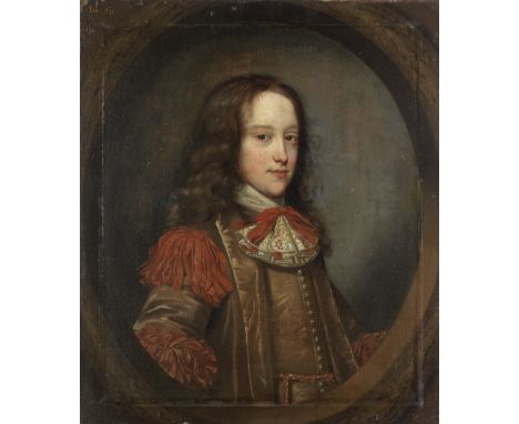 Attributed to Henri Gascars (Paris 1635-1701 Rome)Portrait of a boy of the Pym family, half-length, in a brown coat, lace cra
