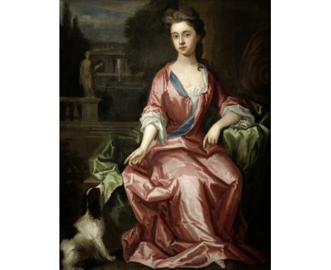 Circle of Charles d' Agar (Paris 1669-1723 London)Portrait of a young lady, full-length, seated in a pink dress with a dog oi