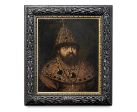 Russian School, 18th CenturyPortrait of Tsar Alexis I, bust-length, in bejewelled costume, within a painted ovaloil on canvas