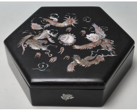 A vintage 20th century oriental Japanese / Chinese black lacquer and inlaid mother of pearl hexagonal shaped box with dragon 