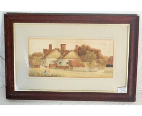 A 19th Century Victorian watercolour painting of an English rural scene showing children playing in front of a red brick cott