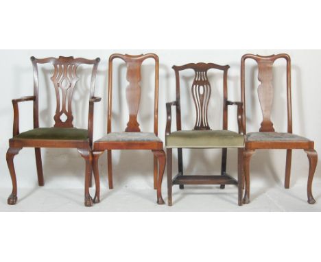 A set of 4 1920's mahogany Chippendale revival dining chairs. Raised on cabriole legs with pad feet supporting drop in green 