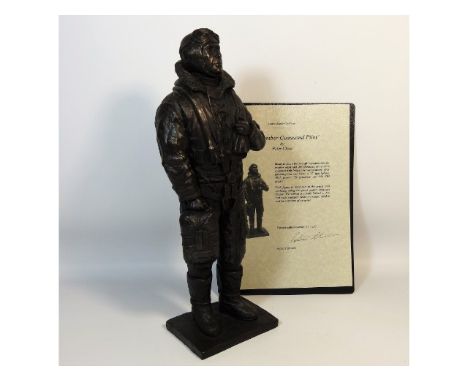 A limited edition bronze resin figure of RAF Bomber pilot by Peter Close, 27/250, 15.75in tall