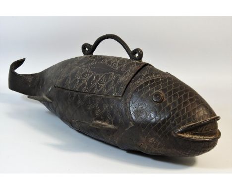 A 19thC. Chinese bronze koi censer, 17.25in long x 7in wide x 5in high