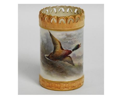 An antique Royal Worcester vase with duck in flight decor signed by James Stinton, 3.5in tall