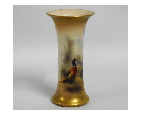 An antique Royal Worcester vase with male &amp; female pheasant decor signed by James Stinton, 6in tall, very tiny chip to ed