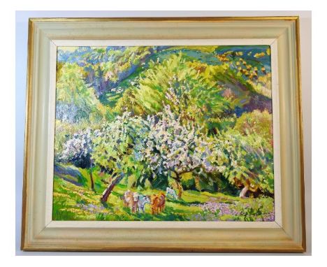 A framed Mary Martin oil on panel, titled "Watergate Orchard in Evening Light", image size 21.5in x 17.25in