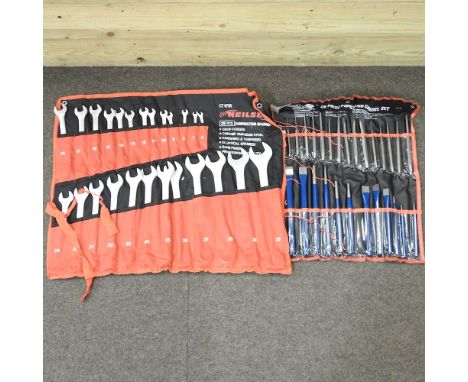 A twenty eight piece punch and chisel set, together with a set of twenty five metric spanners