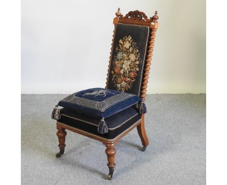 A Victorian rosewood chair, with a tapestry seat, together with a blue cushion