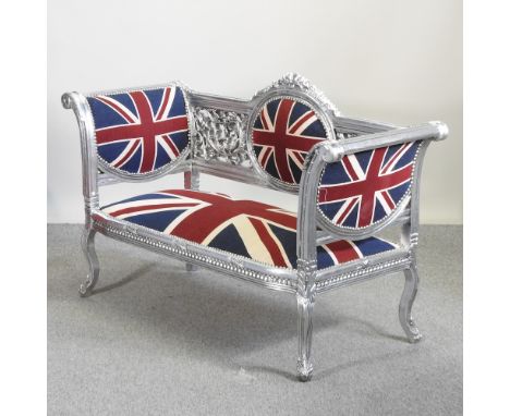 A modern silver painted sofa, upholstered with a union jack design, 155cm