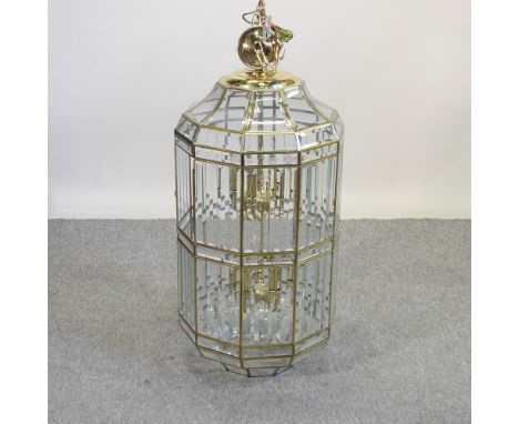 A modern large brass and glass hanging lantern, 100cm high