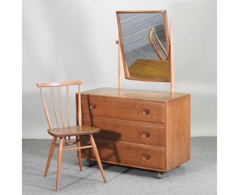 An Ercol Windsor light elm dressing chest, 92cm, together with an Ercol spindle back chair