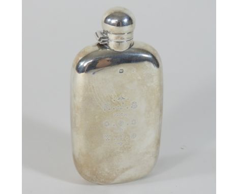 A Victorian silver hip flask, Sheffield 1894, of plain shape, with a hinged screw cover, engraved RJS from CGS &amp; WJO, She