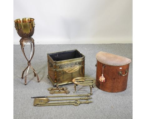 A brass coal box, 40cm, together with various fire tools, an ice bucket on stand, a brass trivet and a stool