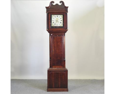 A George III oak cased longcase clock, the associated dial, signed Pollard, Crediton, 222cm high