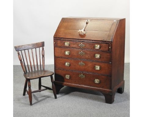 A George III oak bureau, on bracket feet, 86cm, together with a 19th century elm seated chair