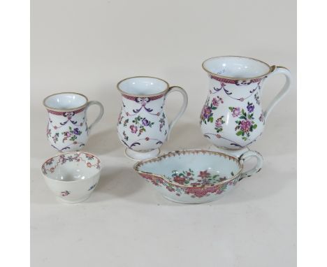 An 18th century Chinese famille rose porcelain sauce boat, together with an 18th century New Hall tea bowl and a set of three