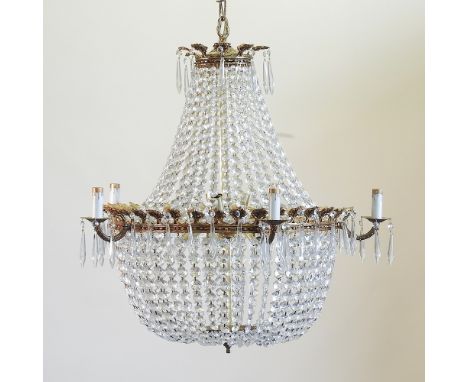 An Empire style gilt metal and glass five branch chandelier, 70cm