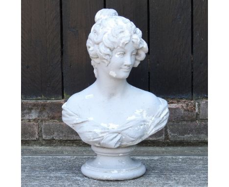 A painted garden portrait bust of a lady, 52cm high