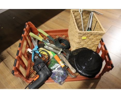 Box of garden tools, Black &amp; Decker drill etc
