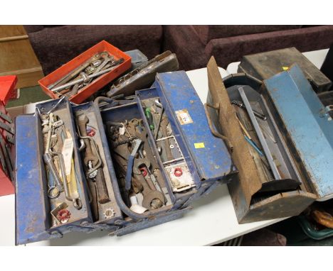 Three toolboxes, 2 metal, 1 plastic, and hand tools