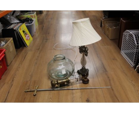 Great Western Railway lamp, glass vase, lamp and imitation sword. This bladed product is not for sale to people under the age