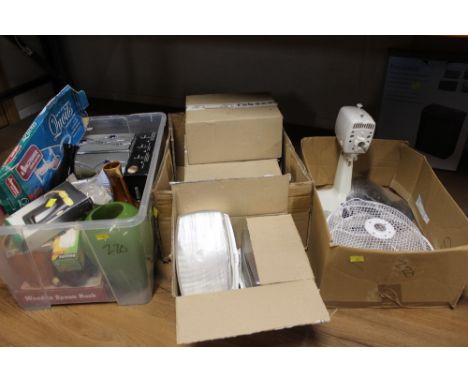 Three boxes of light fittings, table fan, bulbs etc