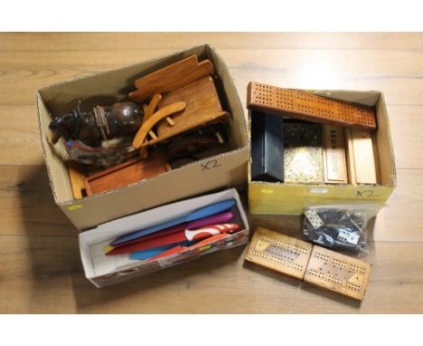 Two boxes of vintage games, horse and cart, kitchen knives etc This bladed product is not for sale to people under the age of