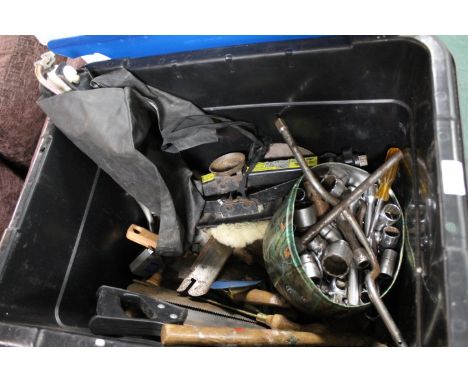 Box of hand tools, car jack, sockets, saws, chisels etc