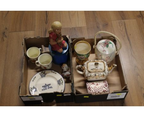 Ceramic teapot, biscuit barrel, cups, plates, trinket dishes and celluloid money box 